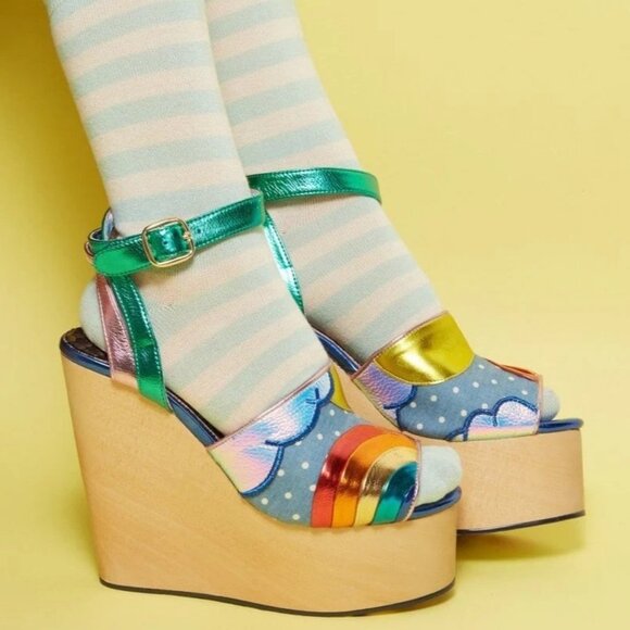 IRREGULAR CHOICE Funshine Retro 70s Rainbow Platform Wedge Sandals Heels Novelty - Picture 2 of 12